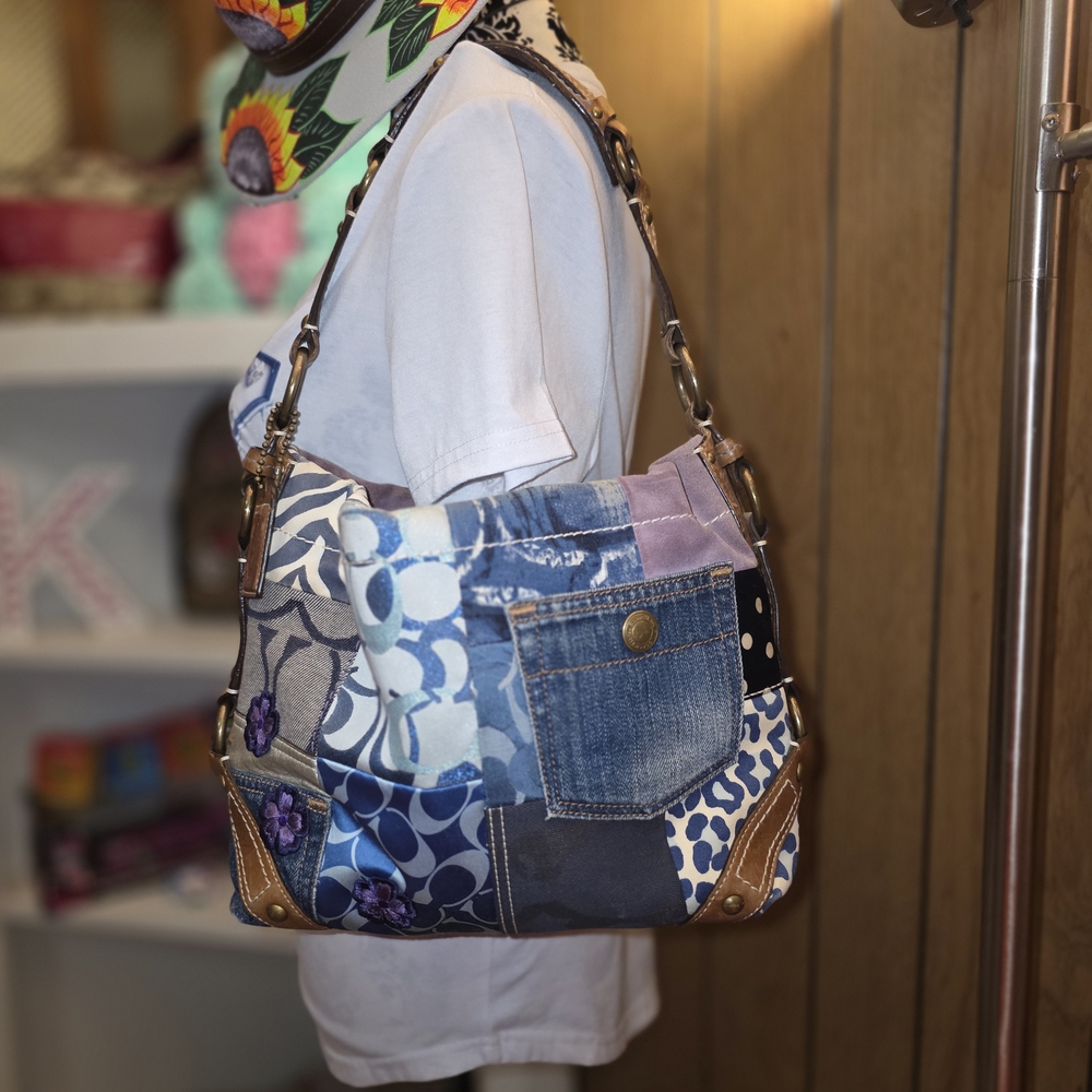 COACH Patchwork Handbag Purse Bag Denim Canvas Leather RARE Vintage Designer Y2K